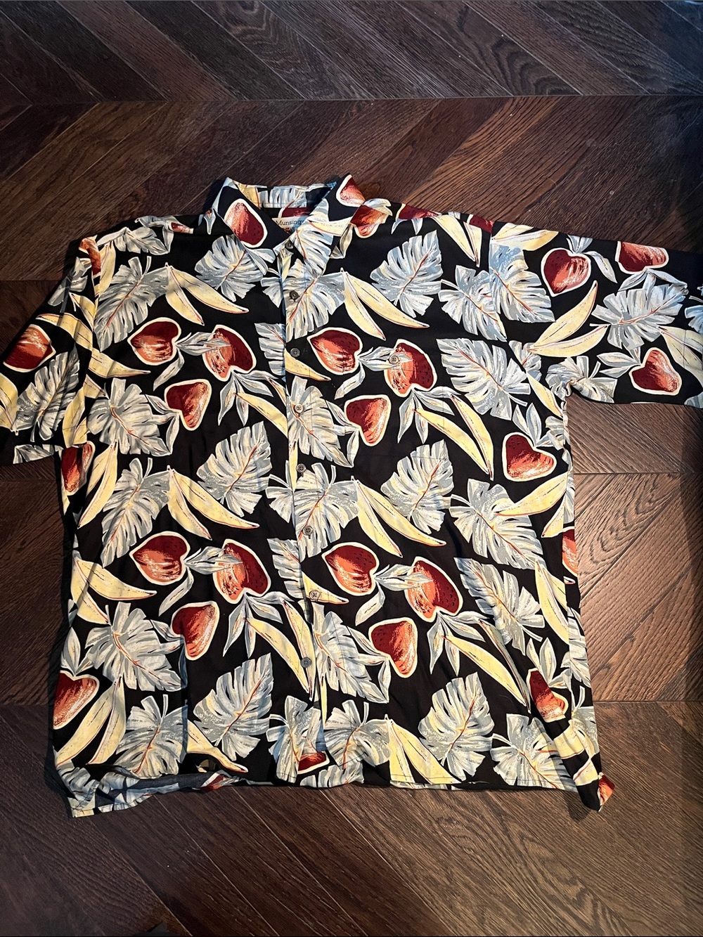 Tropical Print Short-Sleeve Button-Down Shirt - Black/Yellow/Red